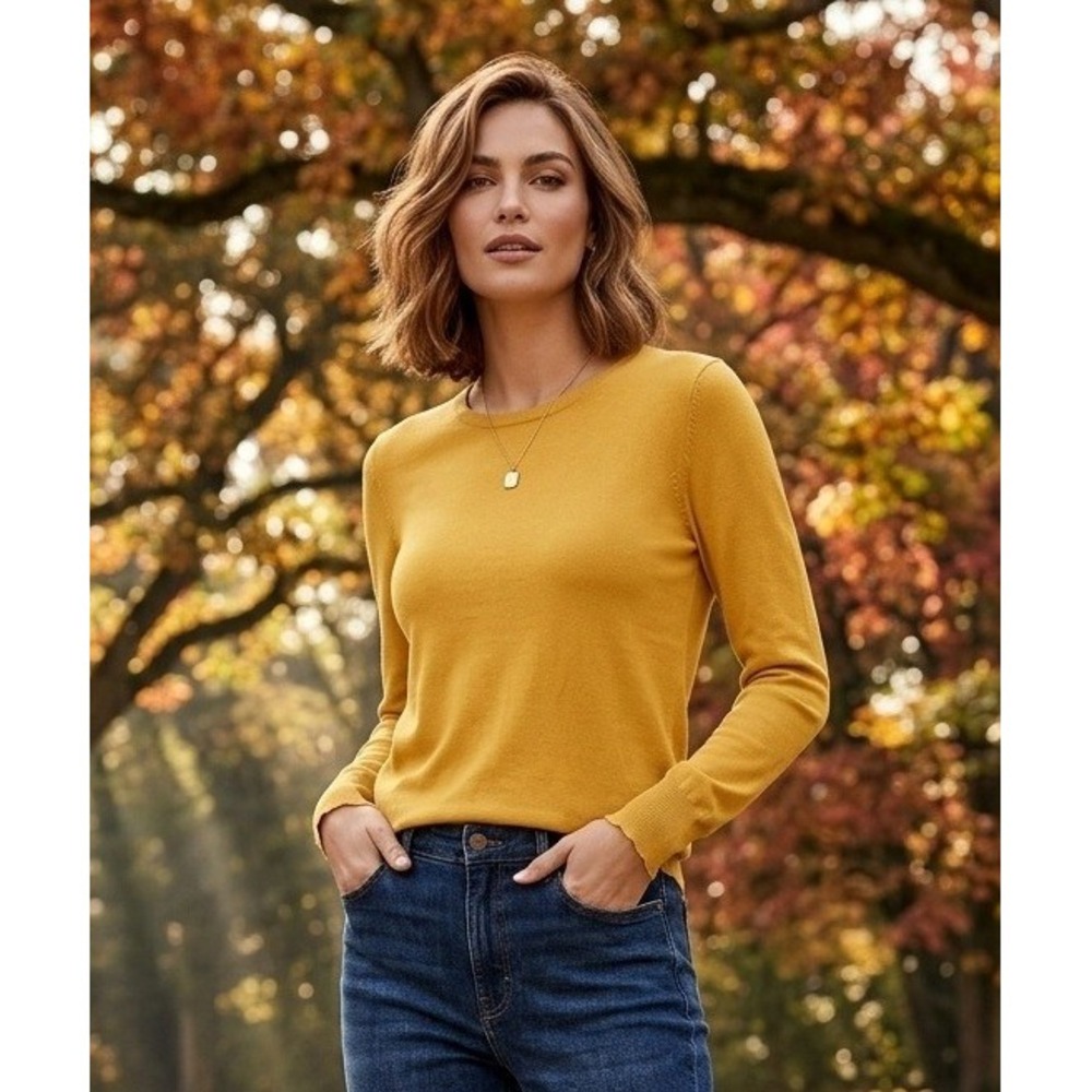 Lark & Ro Crewneck Long Sleeve Sweater Women's L Mustard Viscose Travel Vacation